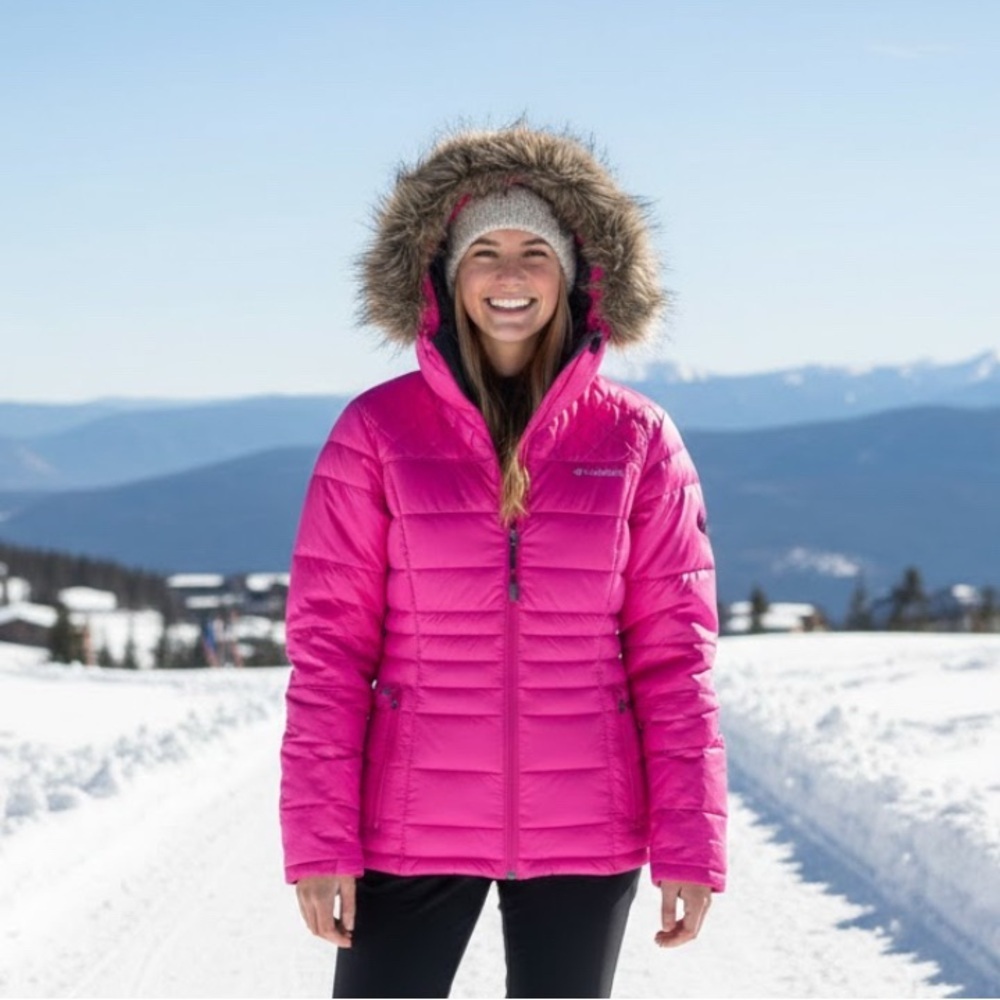 Columbia Women Fuchsia Puffer Jacket with Faux Fur Hood Size S
